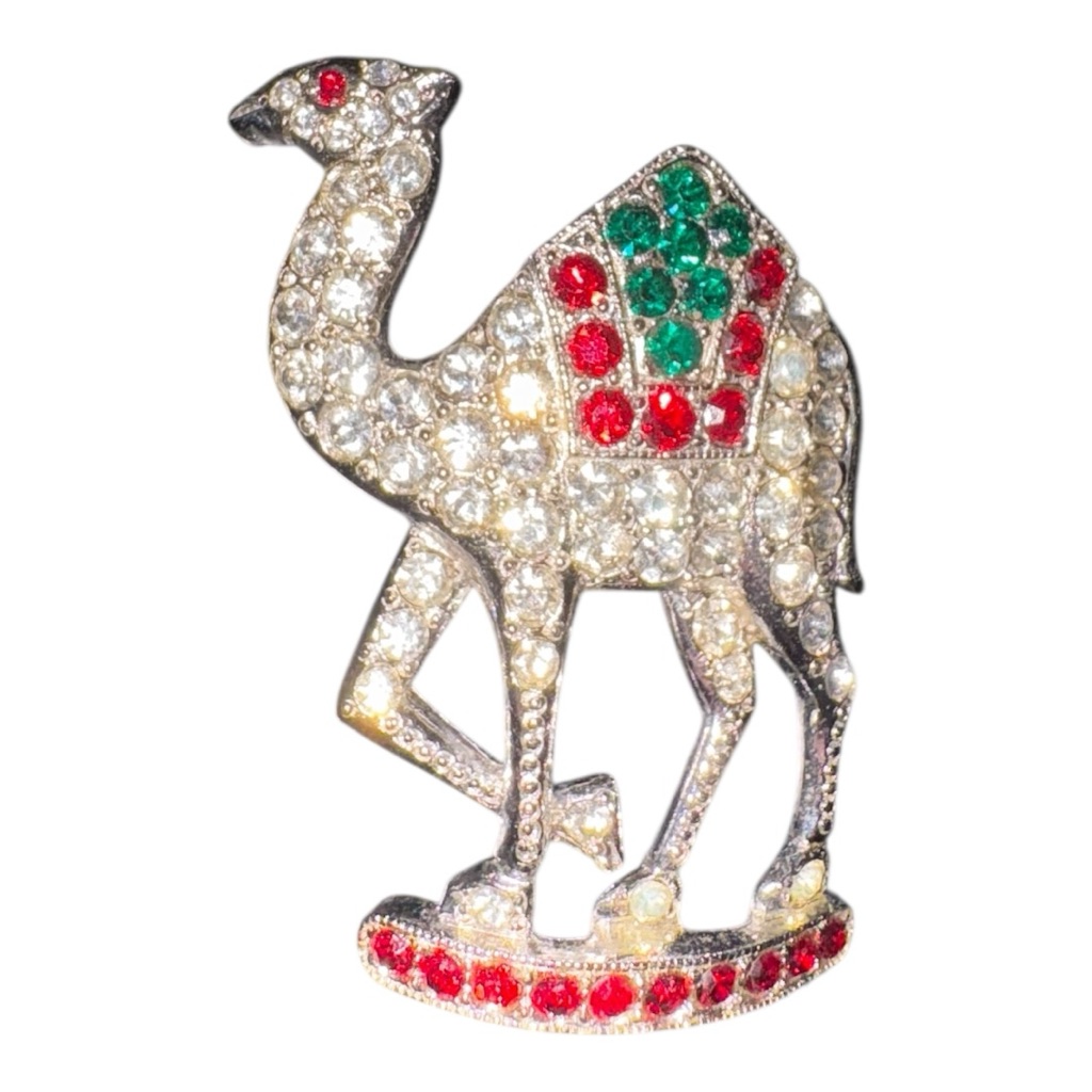 Ora Authentic Vintage Signed Camel Brooch Rhinestone Red, Green & Clear